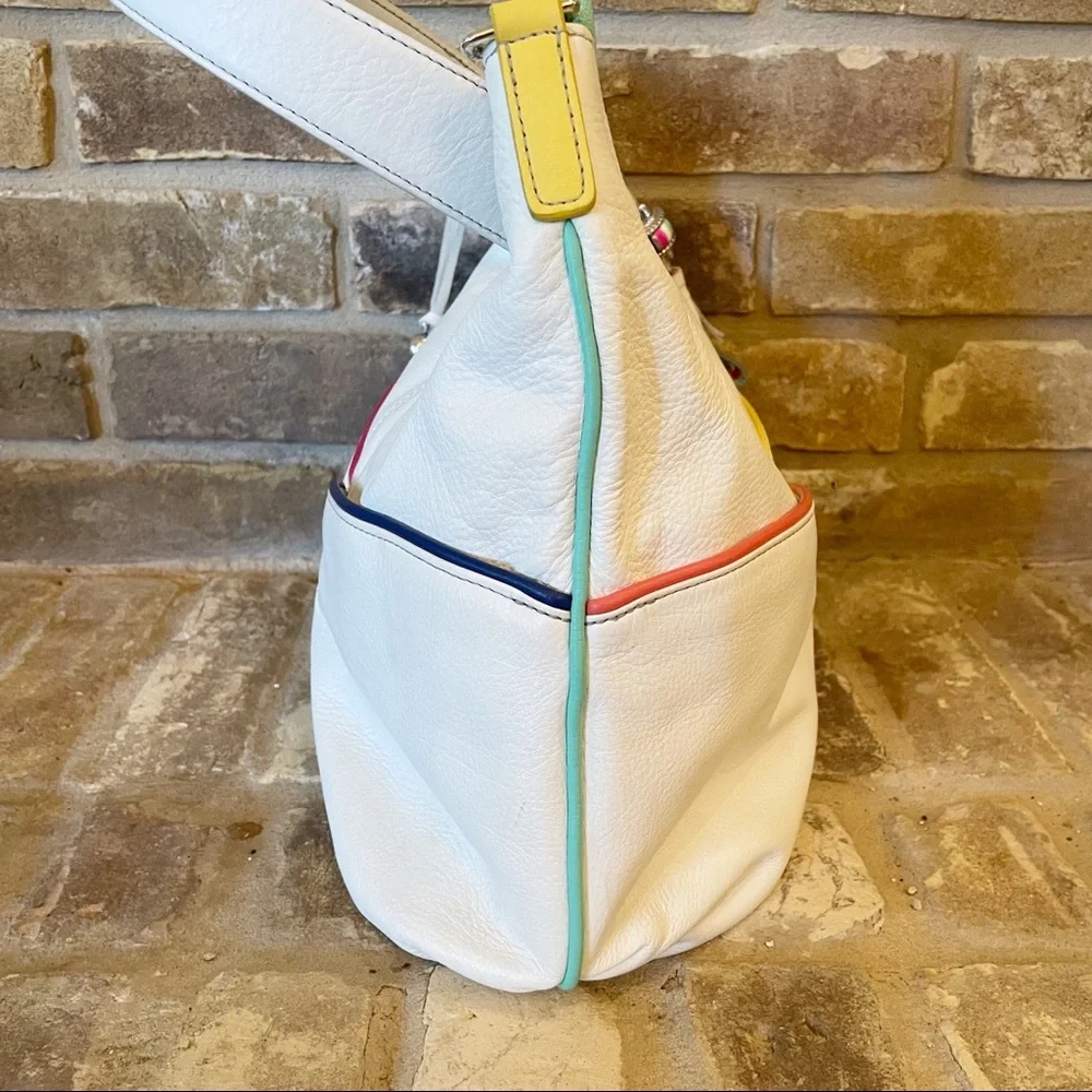 White Leather Hobo Bag with Multicolor Trim